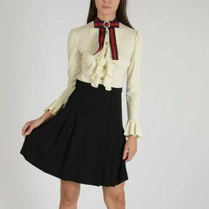 Auth Gucci Crystal Bow Ruffle Long Sleeves Dress M
